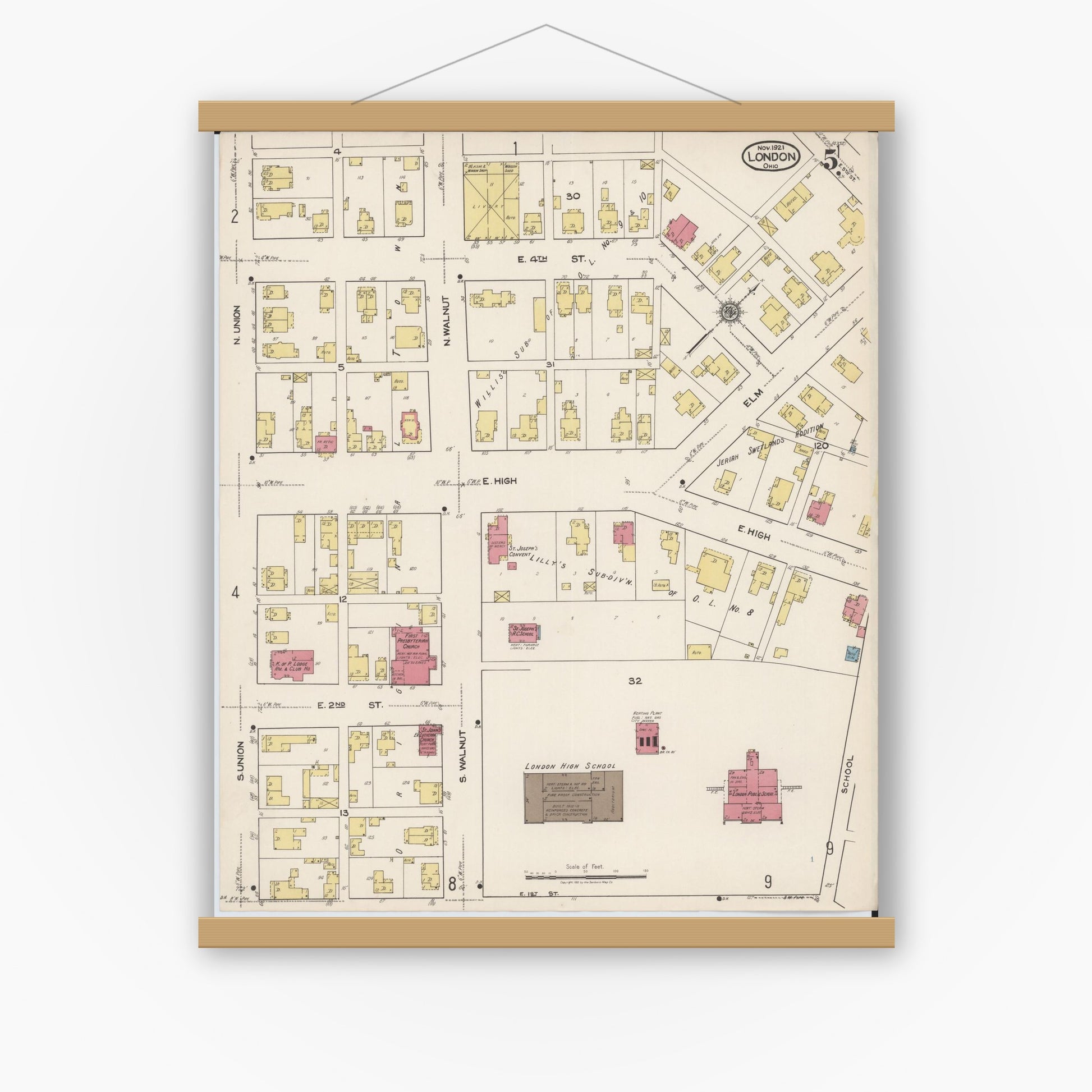 Old map wall art mockup — magnetic wood frame on white wall — Sanborn Fire Insurance Map from London, Madison County, Ohio (1921), Sheet #0005