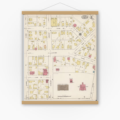 Old map wall art mockup — magnetic wood frame on white wall — Sanborn Fire Insurance Map from London, Madison County, Ohio (1921), Sheet #0005