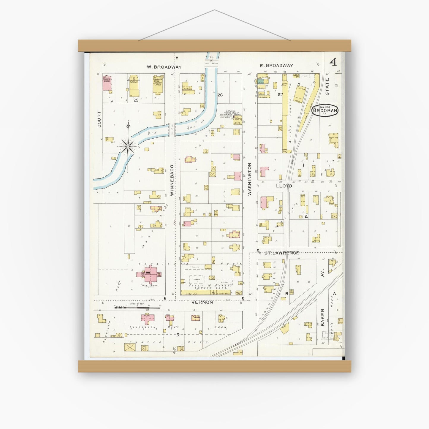 Old map wall art mockup — magnetic wood frame on white wall — Sanborn Fire Insurance Map from Decorah, Winneshiek County, Iowa (1894), Sheet #0004