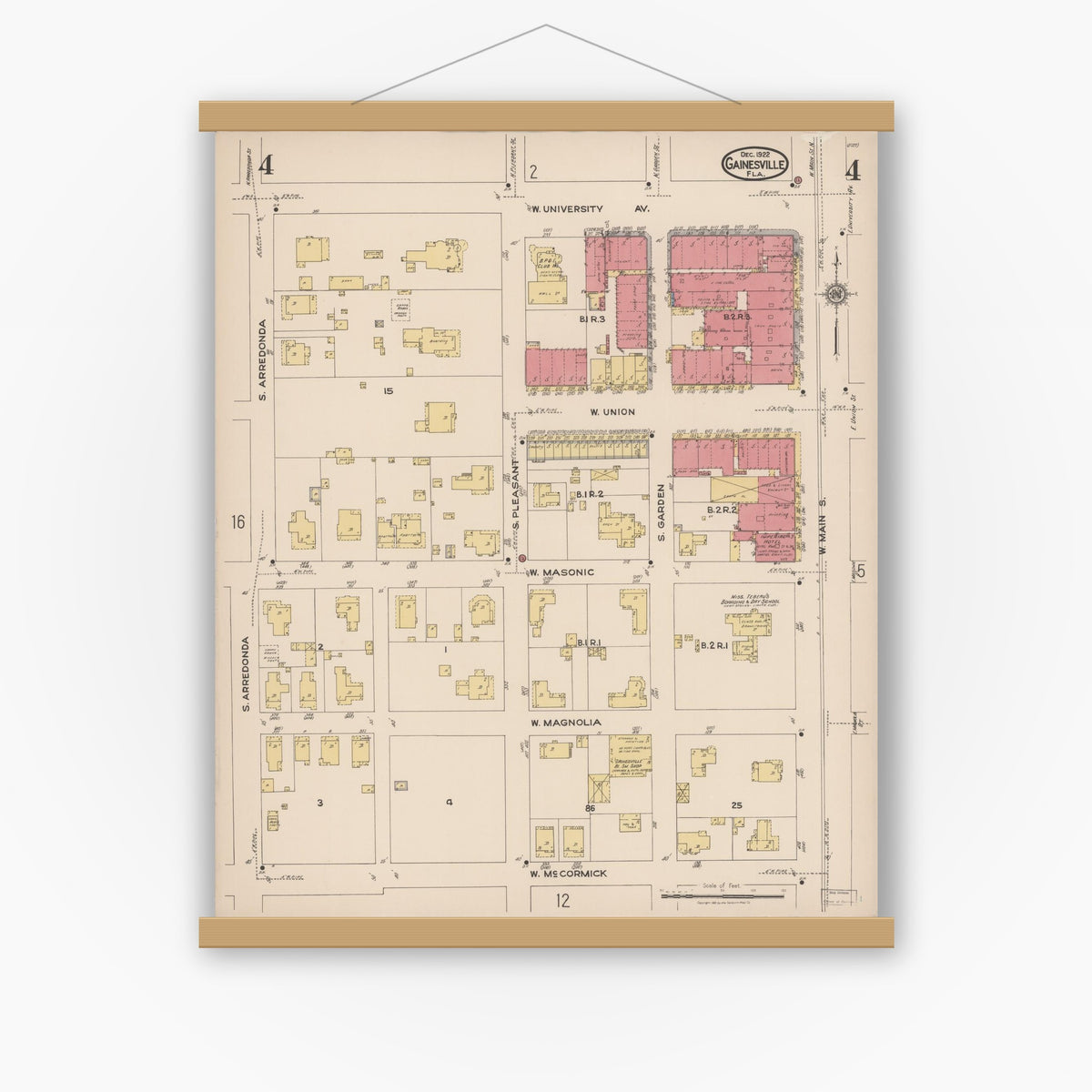 Old map wall art mockup — magnetic wood frame on white wall — Sanborn Fire Insurance Map from Gainesville, Alachua County, Florida (1922), Sheet #0004