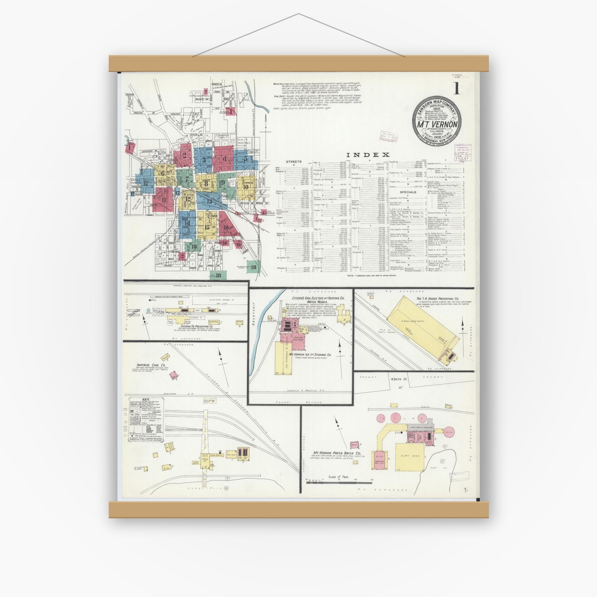 Old map wall art mockup — magnetic wood frame on white wall — Sanborn Fire Insurance Map from Mount Vernon, Jefferson County, Illinois (1908) - Complete Map Set