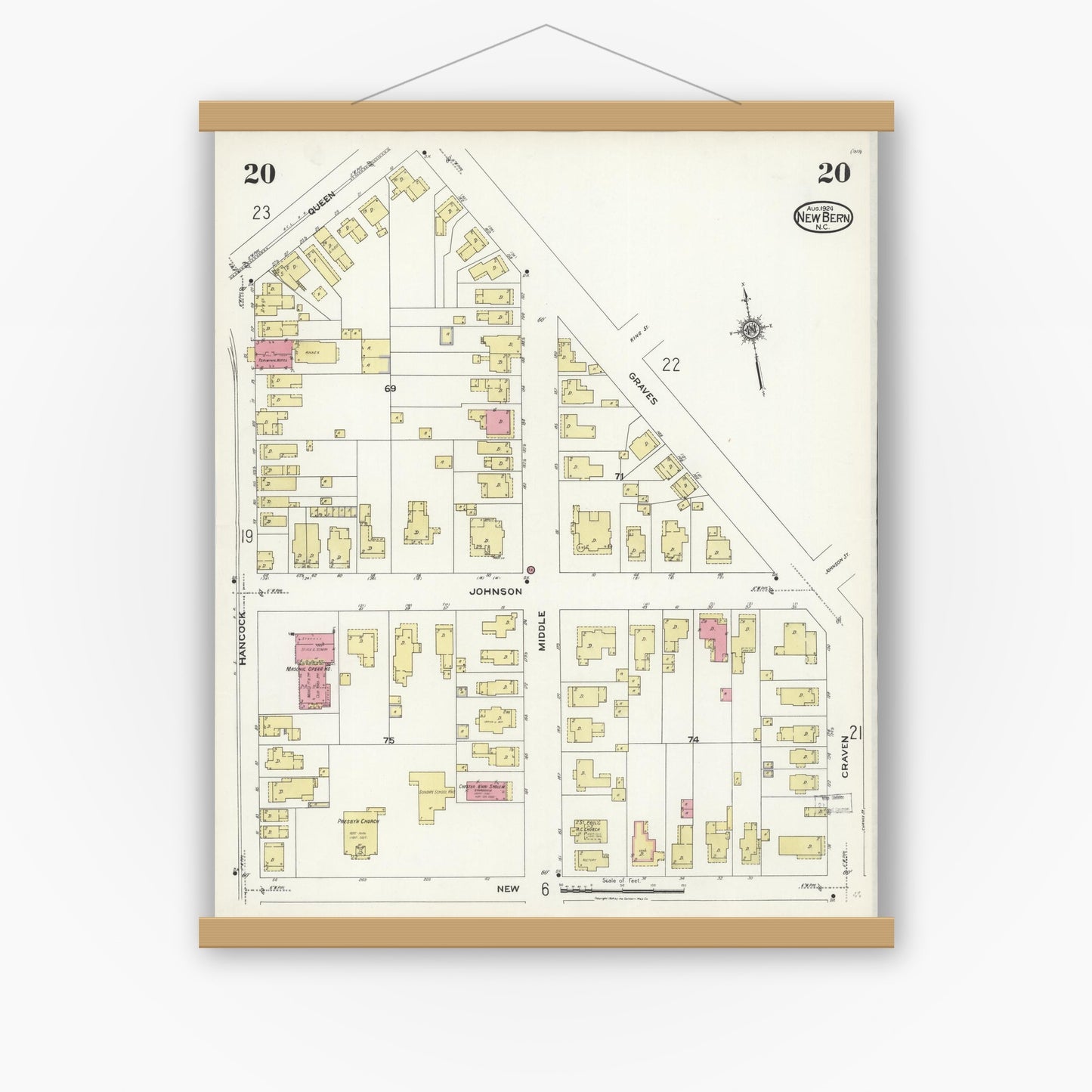 Old map wall art mockup — magnetic wood frame on white wall — Sanborn Fire Insurance Map from New Bern, Craven County, North Carolina (1924), Sheet #0020
