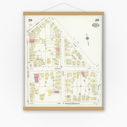 Old map wall art mockup — magnetic wood frame on white wall — Sanborn Fire Insurance Map from New Bern, Craven County, North Carolina (1924), Sheet #0020