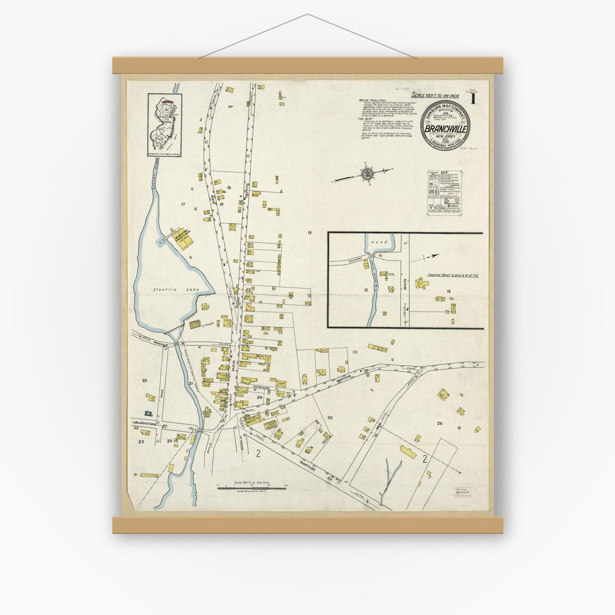 Old map wall art mockup — magnetic wood frame on white wall — Sanborn Fire Insurance Map from Branchville, Sussex County, New Jersey (1920), Sheet #0001