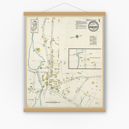 Old map wall art mockup — magnetic wood frame on white wall — Sanborn Fire Insurance Map from Branchville, Sussex County, New Jersey (1920), Sheet #0001