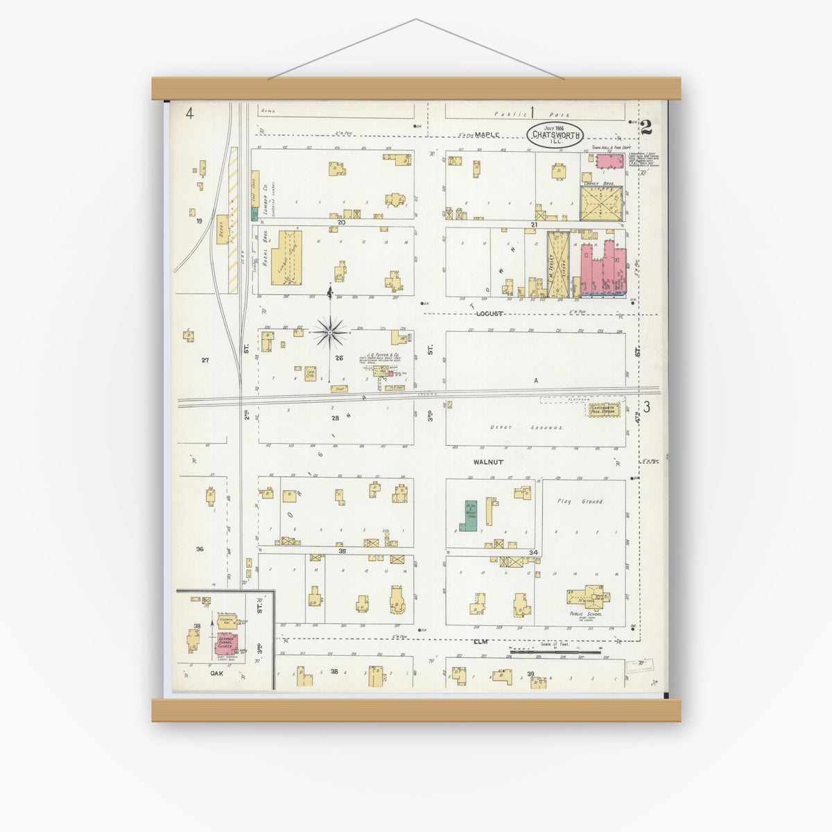 Old map wall art mockup — magnetic wood frame on white wall — Sanborn Fire Insurance Map from Chatsworth, Livingston County, Illinois (1906), Sheet #0002