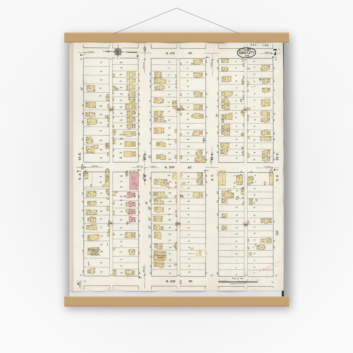 Old map wall art mockup — magnetic wood frame on white wall — Sanborn Fire Insurance Map from Gas City, Grant County, Indiana (1932), Sheet #0007