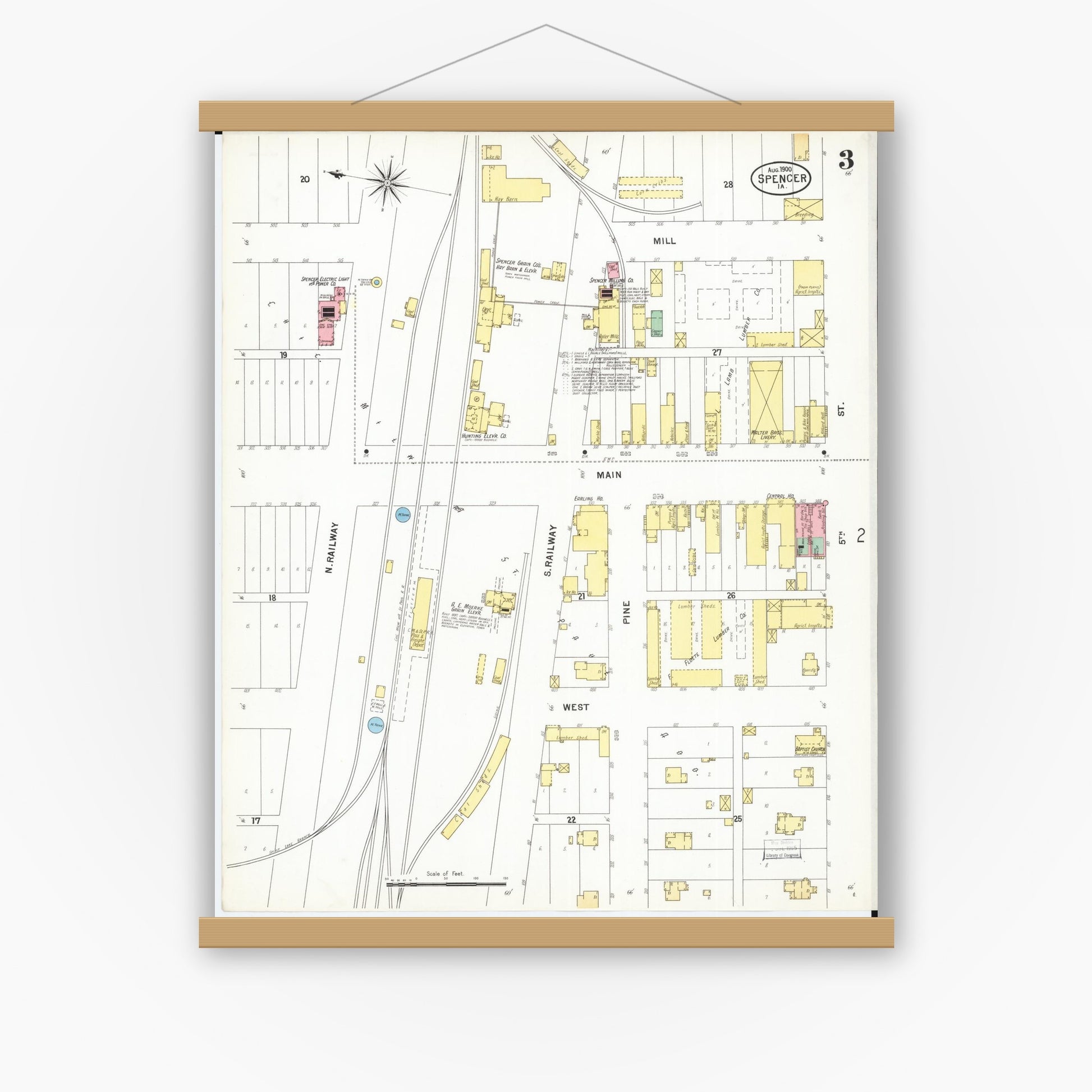 Old map wall art mockup — magnetic wood frame on white wall — Sanborn Fire Insurance Map from Spencer, Clay County, Iowa (1900), Sheet #0003