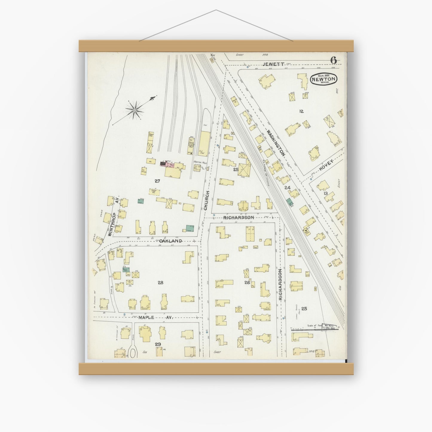 Old map wall art mockup — magnetic wood frame on white wall — Sanborn Fire Insurance Map from Newton, Middlesex County, Massachusetts (1892), Sheet #0006