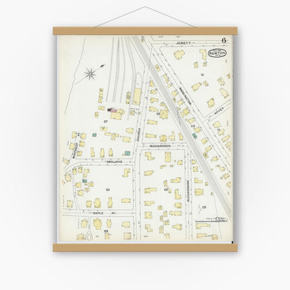 Old map wall art mockup — magnetic wood frame on white wall — Sanborn Fire Insurance Map from Newton, Middlesex County, Massachusetts (1892), Sheet #0006
