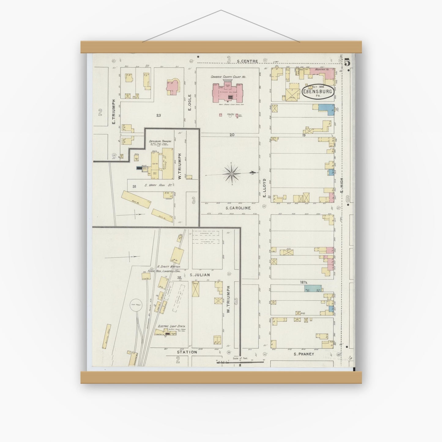 Old map wall art mockup — magnetic wood frame on white wall — Sanborn Fire Insurance Map from Ebensburg, Cambria County, Pennsylvania (1894), Sheet #0005