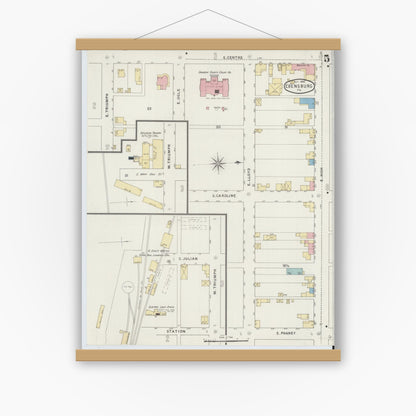 Old map wall art mockup — magnetic wood frame on white wall — Sanborn Fire Insurance Map from Ebensburg, Cambria County, Pennsylvania (1894), Sheet #0005