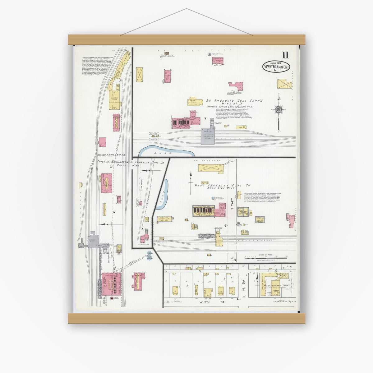 Old map wall art mockup — magnetic wood frame on white wall — Sanborn Fire Insurance Map from West Frankfort, Franklin County, Illinois (1919), Sheet #0011