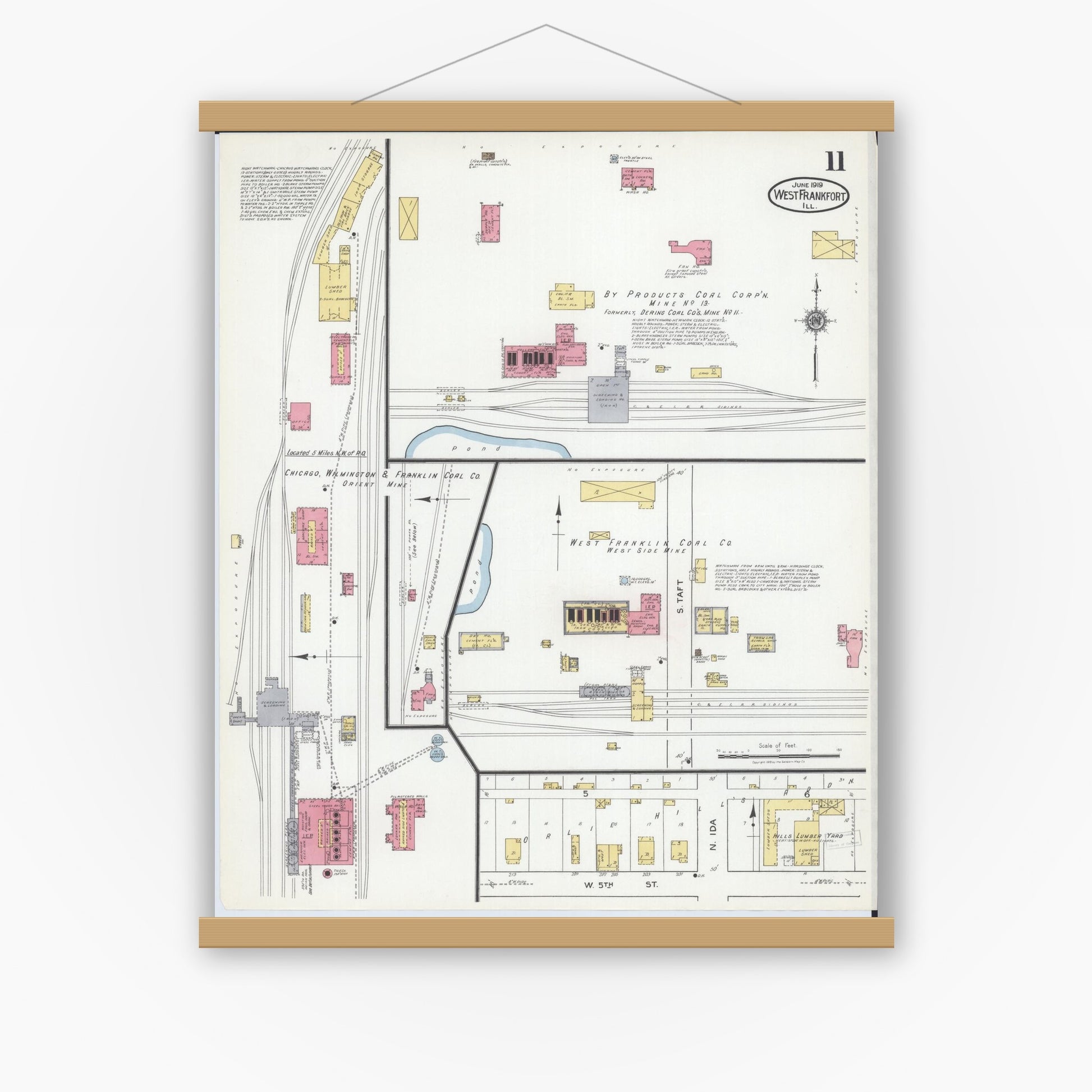 Old map wall art mockup — magnetic wood frame on white wall — Sanborn Fire Insurance Map from West Frankfort, Franklin County, Illinois (1919), Sheet #0011