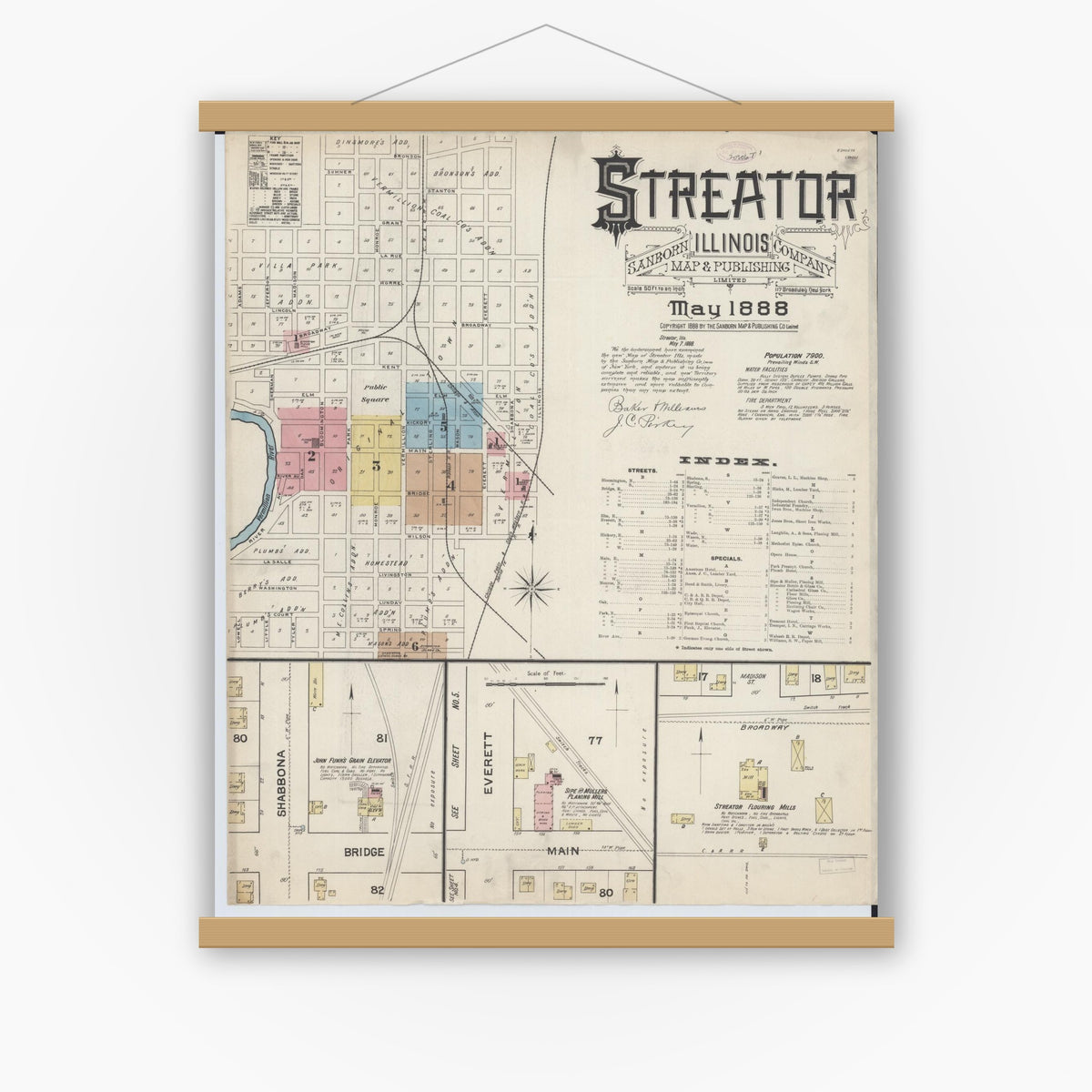 Old map wall art mockup — magnetic wood frame on white wall — Sanborn Fire Insurance Map from Streator, La Salle County, Illinois (1888) - Complete Map Set