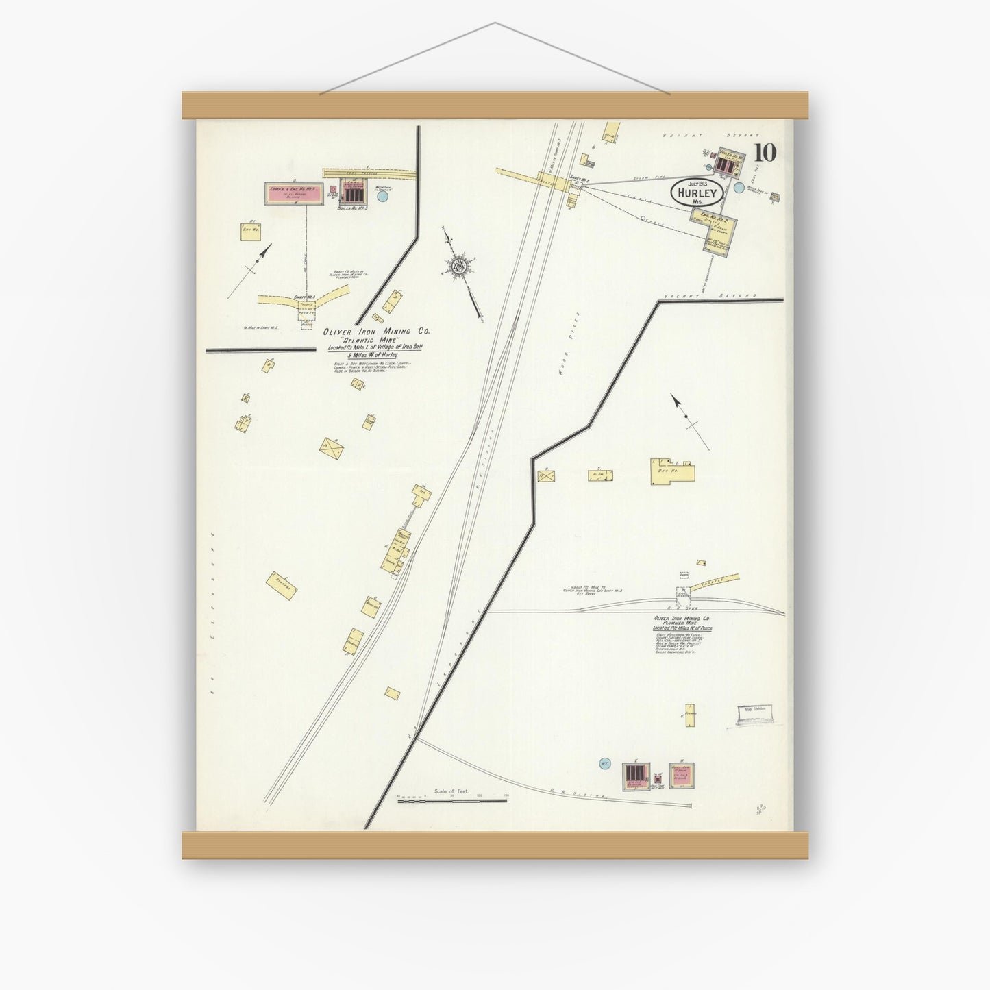 Old map wall art mockup — magnetic wood frame on white wall — Sanborn Fire Insurance Map from Hurley, Iron County, Wisconsin (1913), Sheet #0010