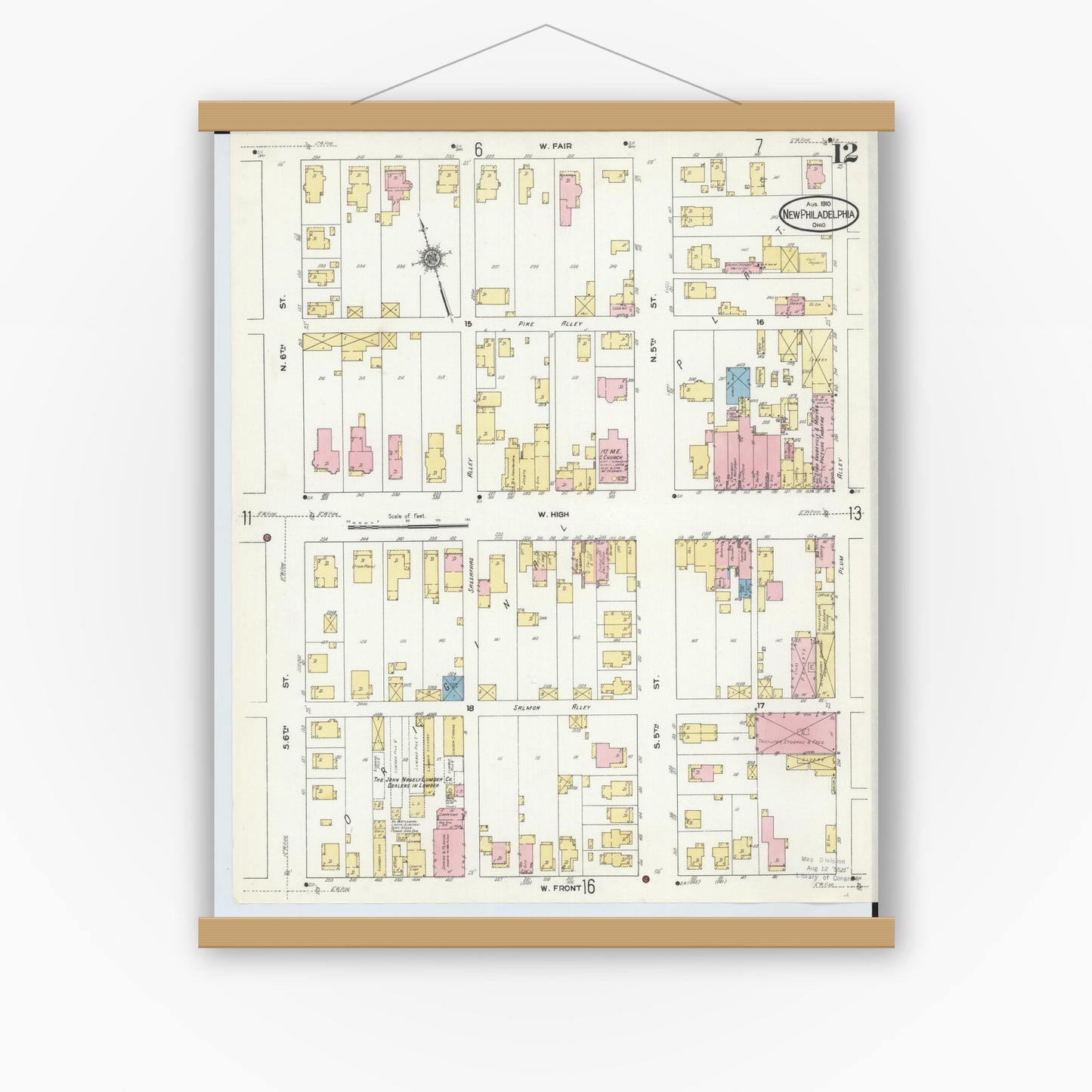 Old map wall art mockup — magnetic wood frame on white wall — Sanborn Fire Insurance Map from New Philadelphia, Tuscarawas County, Ohio (1910), Sheet #0012