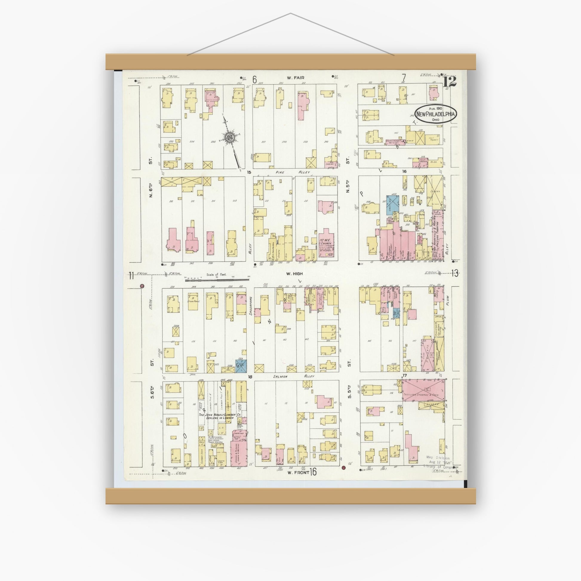 Old map wall art mockup — magnetic wood frame on white wall — Sanborn Fire Insurance Map from New Philadelphia, Tuscarawas County, Ohio (1910), Sheet #0012