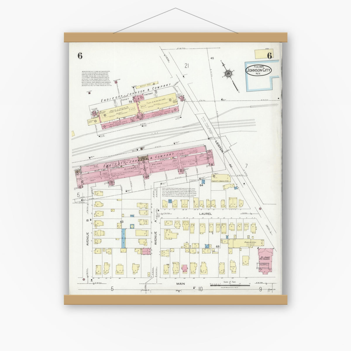 Old map wall art mockup — magnetic wood frame on white wall — Sanborn Fire Insurance Map from Johnson City, Broome County, New York (1925), Sheet #0006
