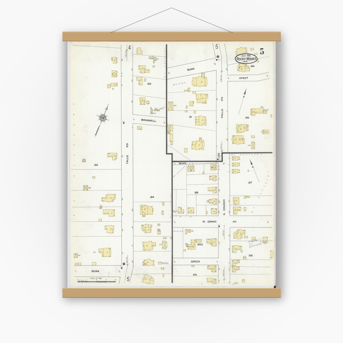 Old map wall art mockup — magnetic wood frame on white wall — Sanborn Fire Insurance Map from Rocky Mount, Edgecombe And Nash Counties, North Carolina (1912), Sheet #0005