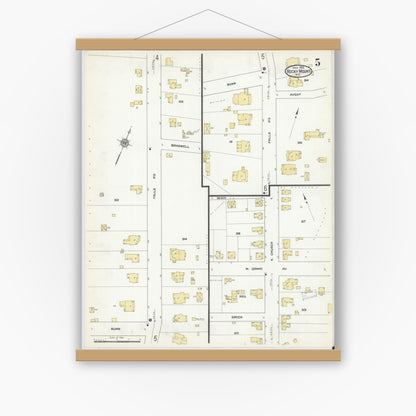 Old map wall art mockup — magnetic wood frame on white wall — Sanborn Fire Insurance Map from Rocky Mount, Edgecombe And Nash Counties, North Carolina (1912), Sheet #0005