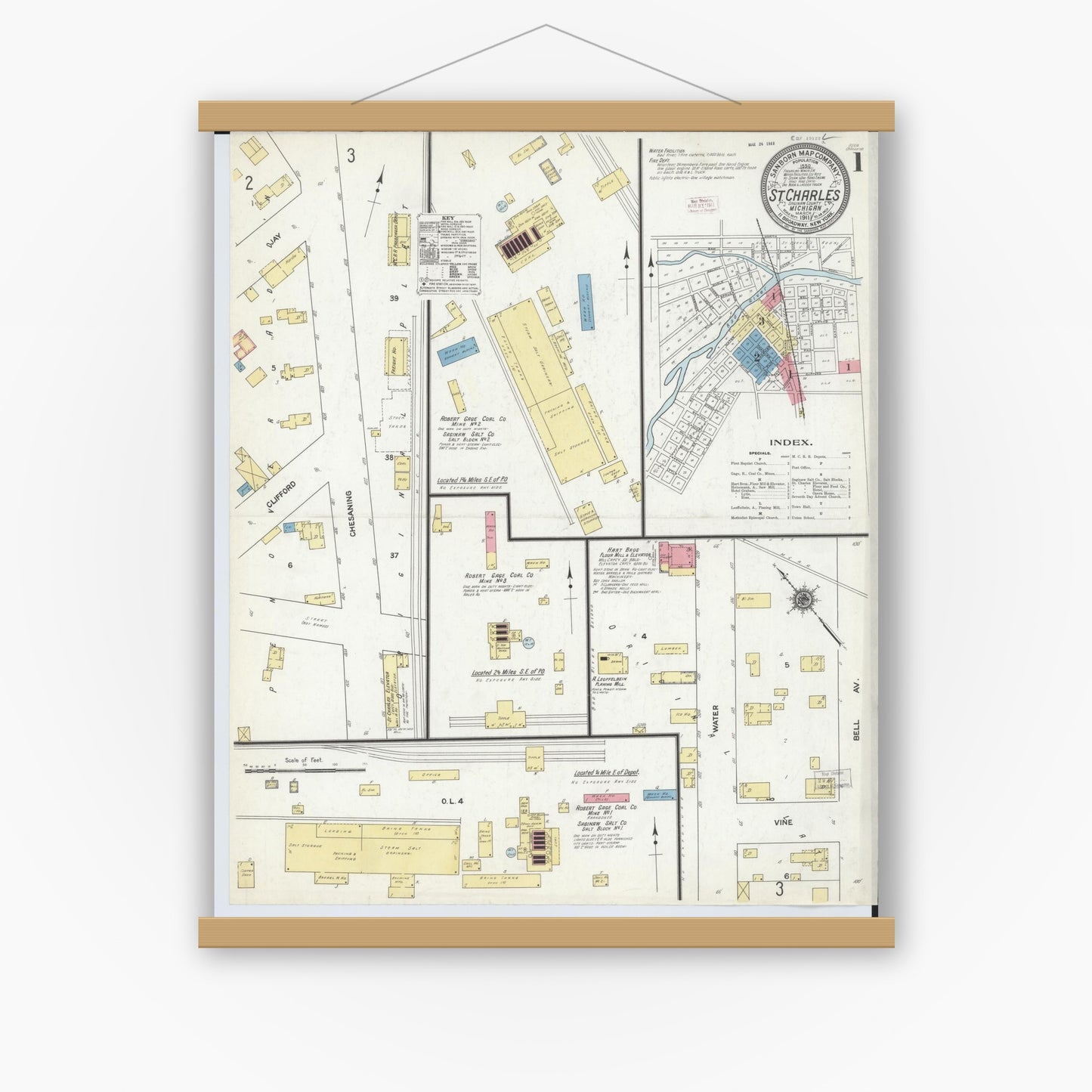 Old map wall art mockup — magnetic wood frame on white wall — Sanborn Fire Insurance Map from Saint Charles, Saginaw County, Michigan (1911) - Complete Map Set