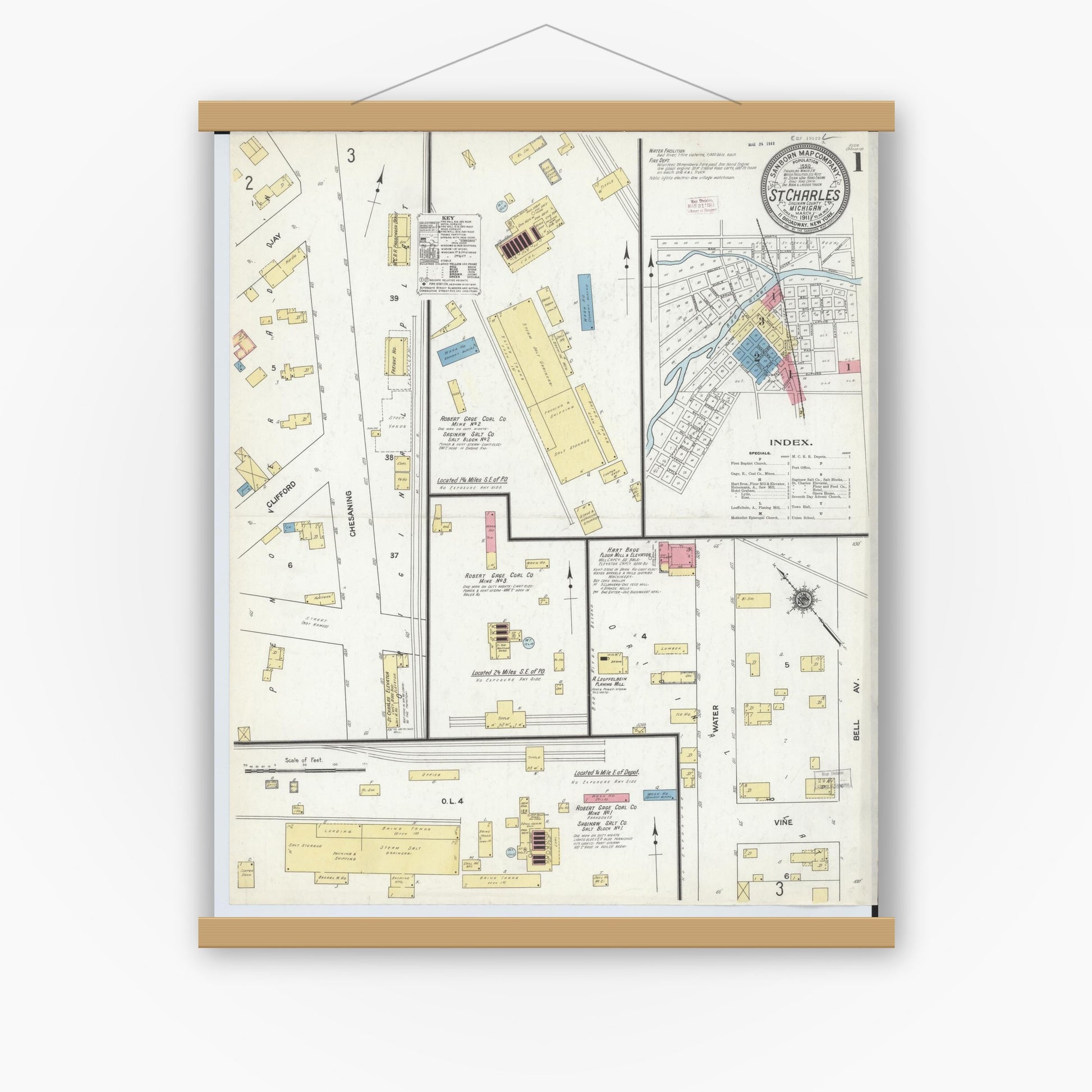 Old map wall art mockup — magnetic wood frame on white wall — Sanborn Fire Insurance Map from Saint Charles, Saginaw County, Michigan (1911) - Complete Map Set