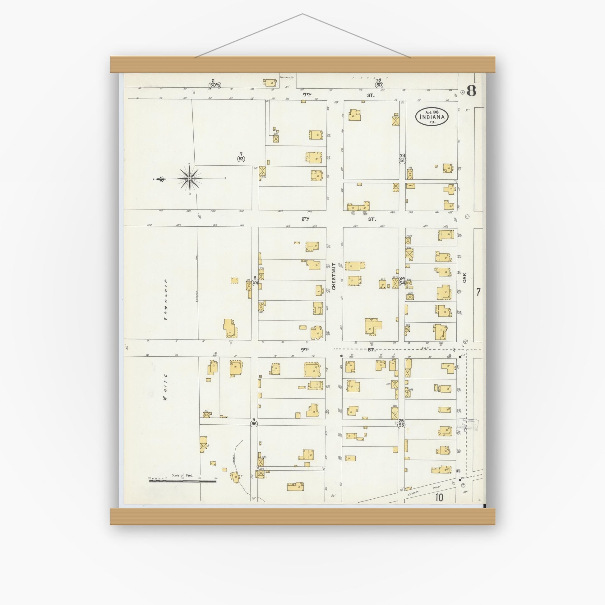 Old map wall art mockup — magnetic wood frame on white wall — Sanborn Fire Insurance Map from Indiana, Indiana County, Pennsylvania (1903), Sheet #0008