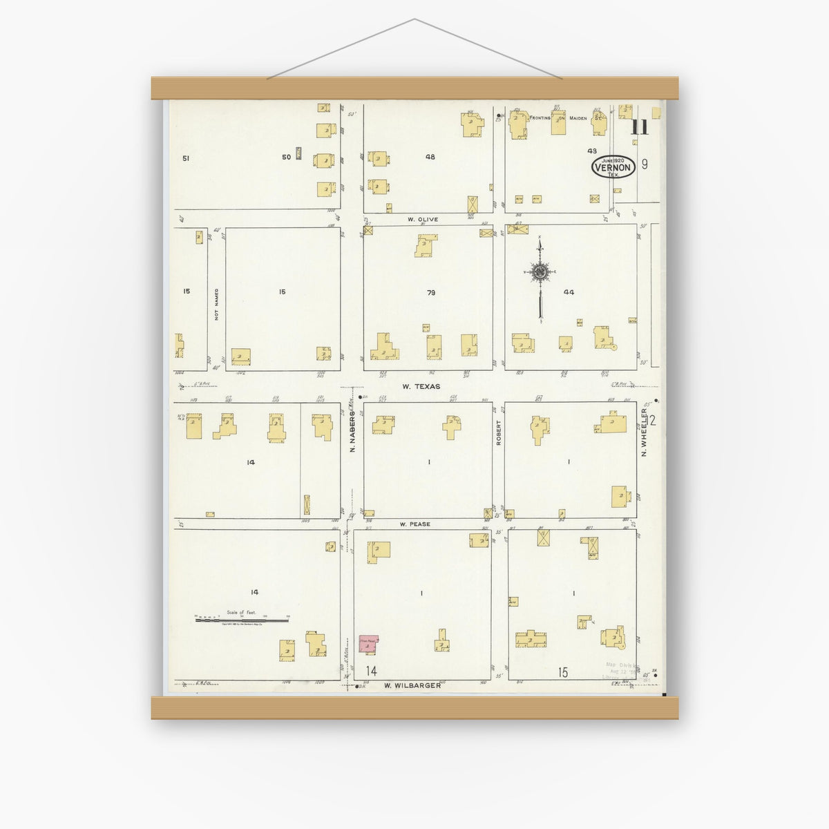 Old map wall art mockup — magnetic wood frame on white wall — Sanborn Fire Insurance Map from Vernon, Wilbarger County, Texas (1920), Sheet #0011