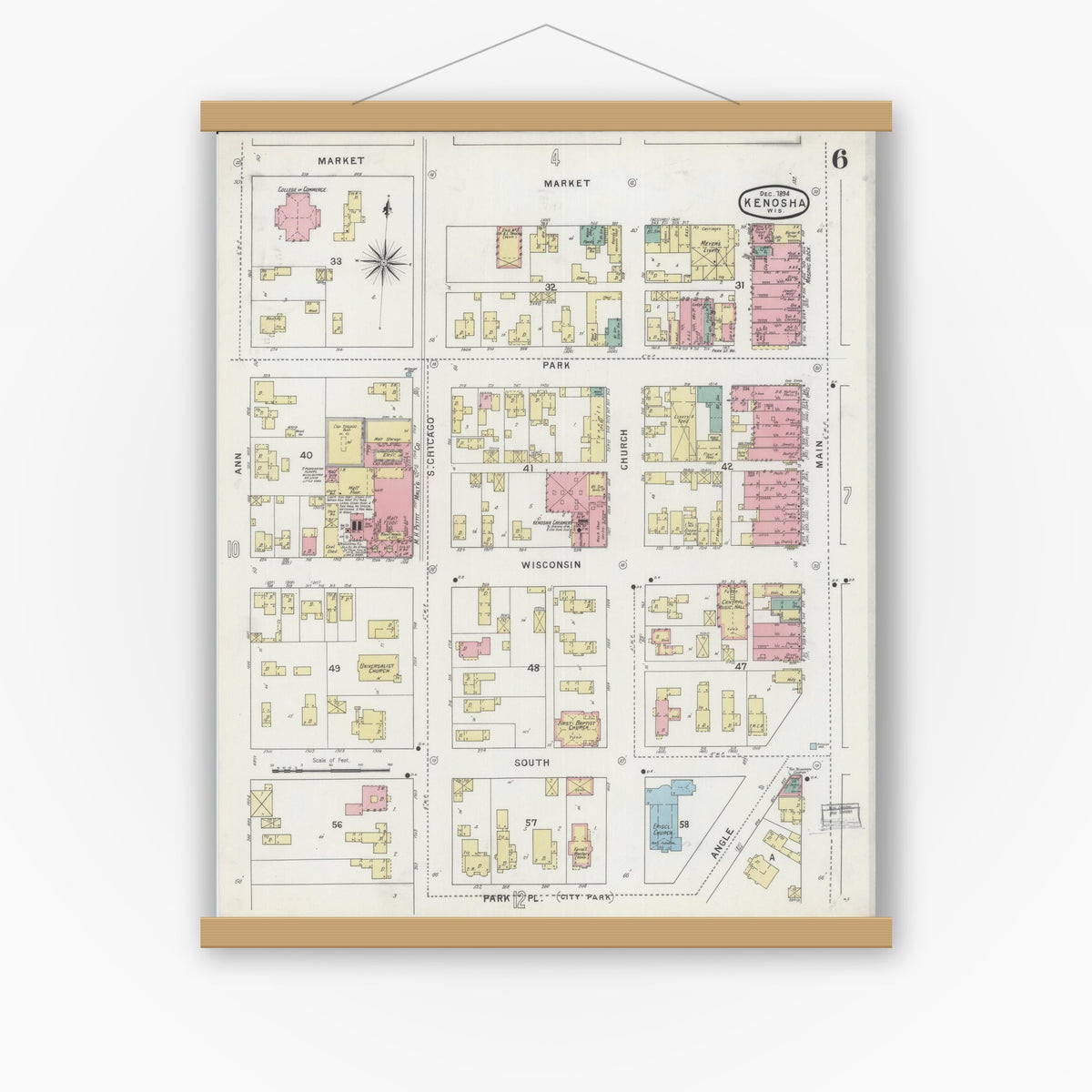 Old map wall art mockup — magnetic wood frame on white wall — Sanborn Fire Insurance Map from Kenosha, Kenosha County, Wisconsin (1894), Sheet #0006