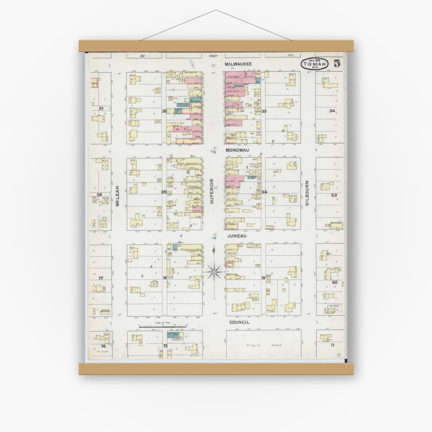 Old map wall art mockup — magnetic wood frame on white wall — Sanborn Fire Insurance Map from Tomah, Monroe County, Wisconsin (1891), Sheet #0005