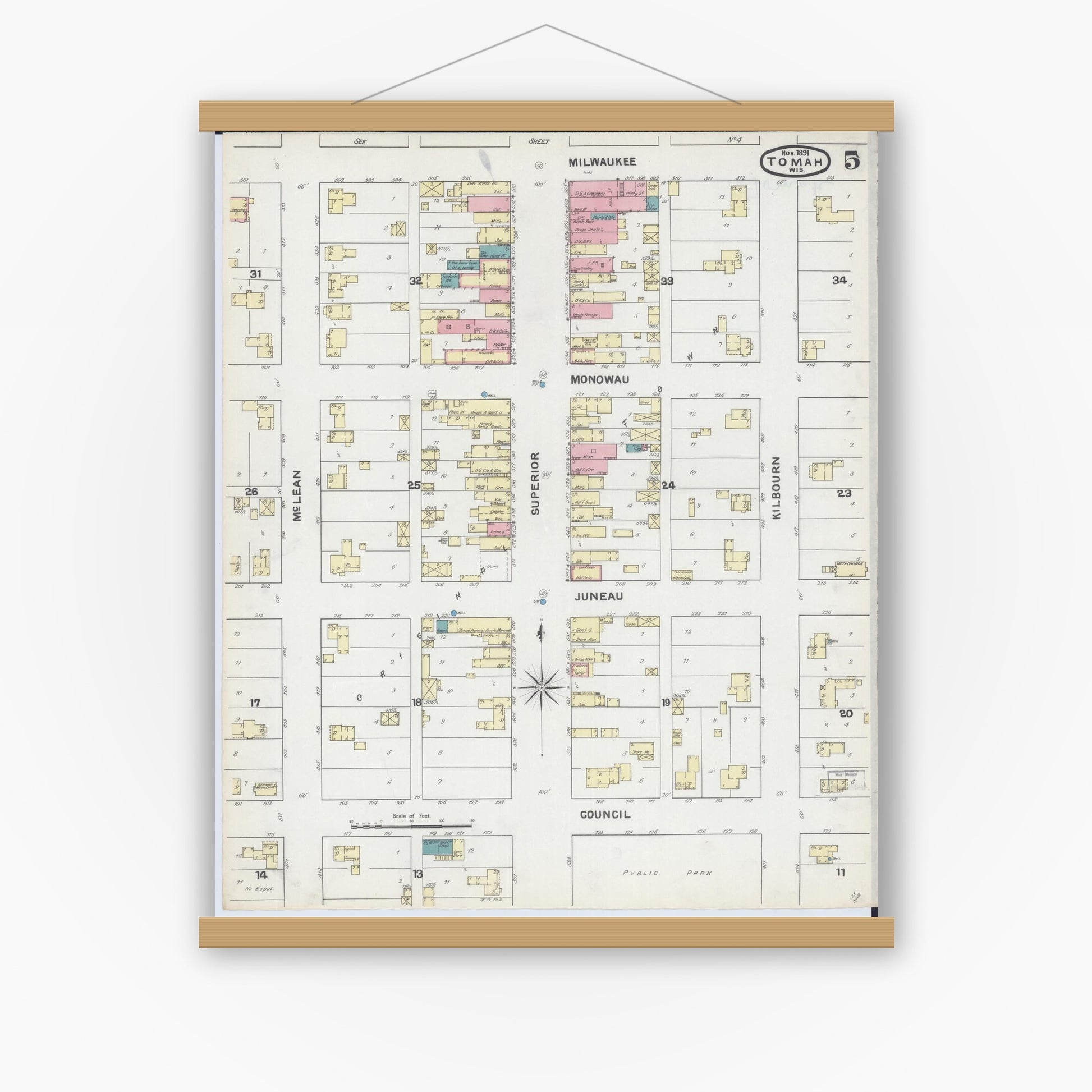 Old map wall art mockup — magnetic wood frame on white wall — Sanborn Fire Insurance Map from Tomah, Monroe County, Wisconsin (1891), Sheet #0005
