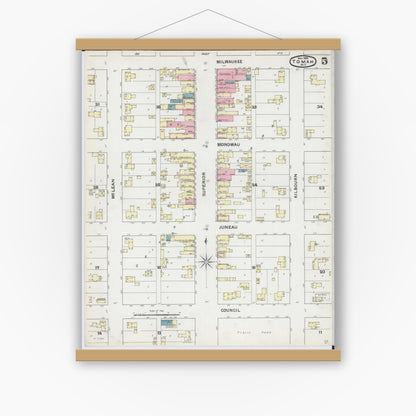 Old map wall art mockup — magnetic wood frame on white wall — Sanborn Fire Insurance Map from Tomah, Monroe County, Wisconsin (1891), Sheet #0005