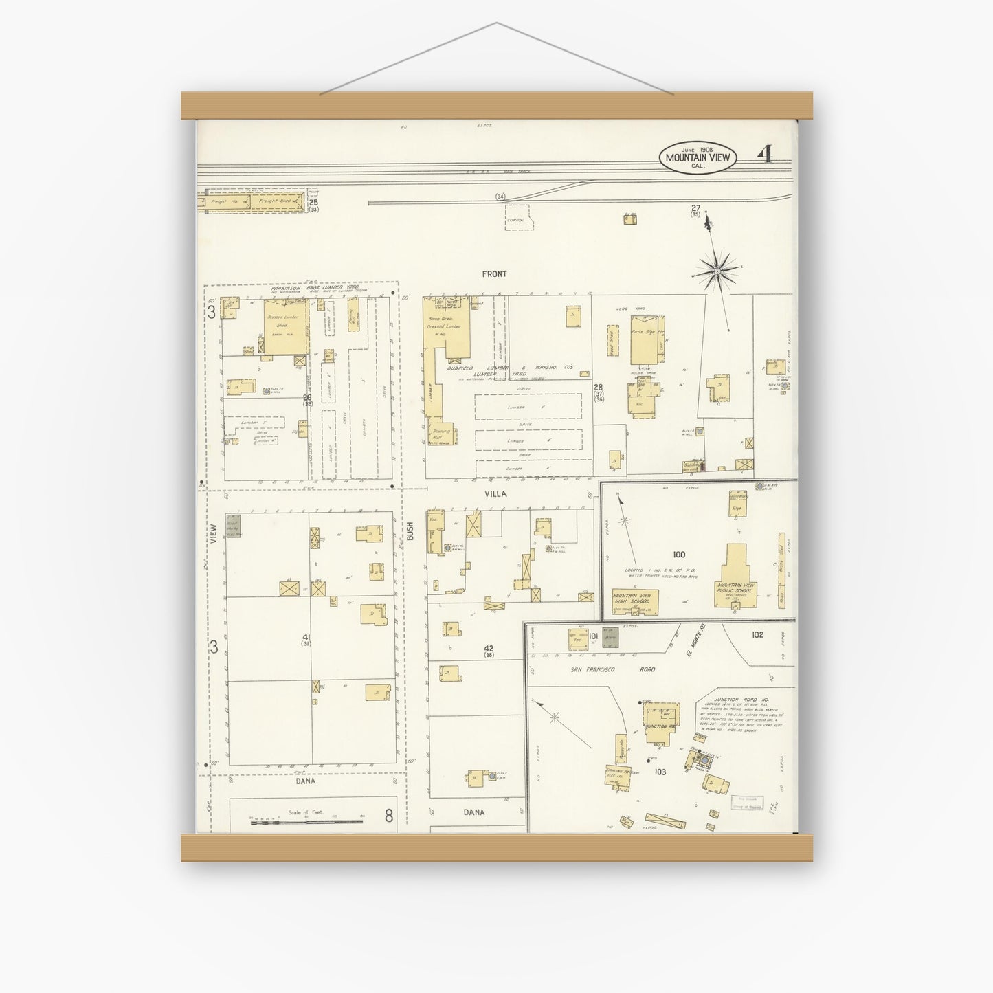 Old map wall art mockup — magnetic wood frame on white wall — Sanborn Fire Insurance Map from Mountain View, Santa Clara County, California (1908), Sheet #0004