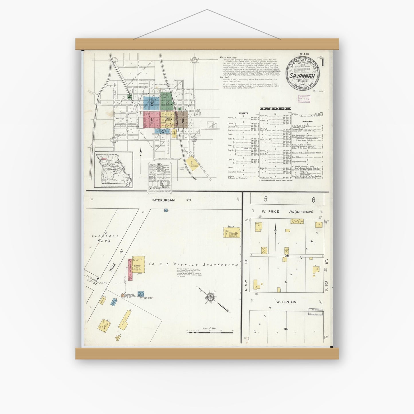 Old map wall art mockup — magnetic wood frame on white wall — Sanborn Fire Insurance Map from Savannah, Andrew County, Missouri (1916), Sheet #0001
