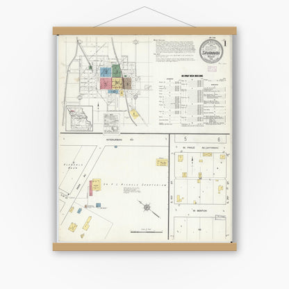 Old map wall art mockup — magnetic wood frame on white wall — Sanborn Fire Insurance Map from Savannah, Andrew County, Missouri (1916), Sheet #0001