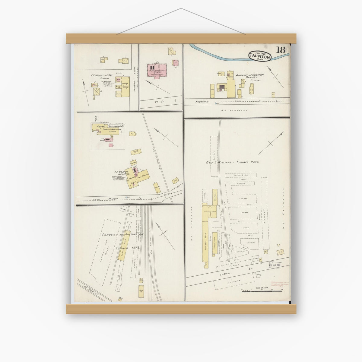 Old map wall art mockup — magnetic wood frame on white wall — Sanborn Fire Insurance Map from Taunton, Bristol County, Massachusetts (1888), Sheet #0018