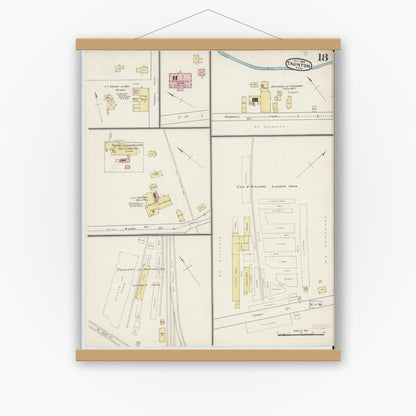 Old map wall art mockup — magnetic wood frame on white wall — Sanborn Fire Insurance Map from Taunton, Bristol County, Massachusetts (1888), Sheet #0018