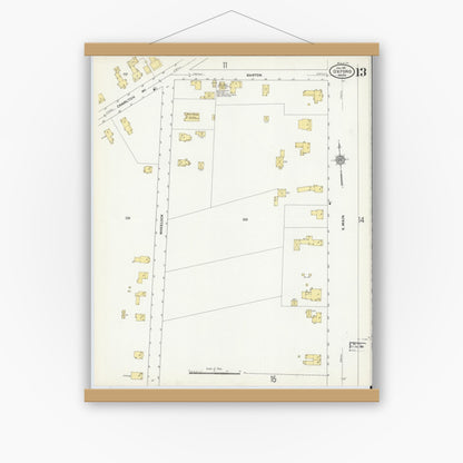 Old map wall art mockup — magnetic wood frame on white wall — Sanborn Fire Insurance Map from Oxford, Worcester County, Massachusetts (1911), Sheet #0013