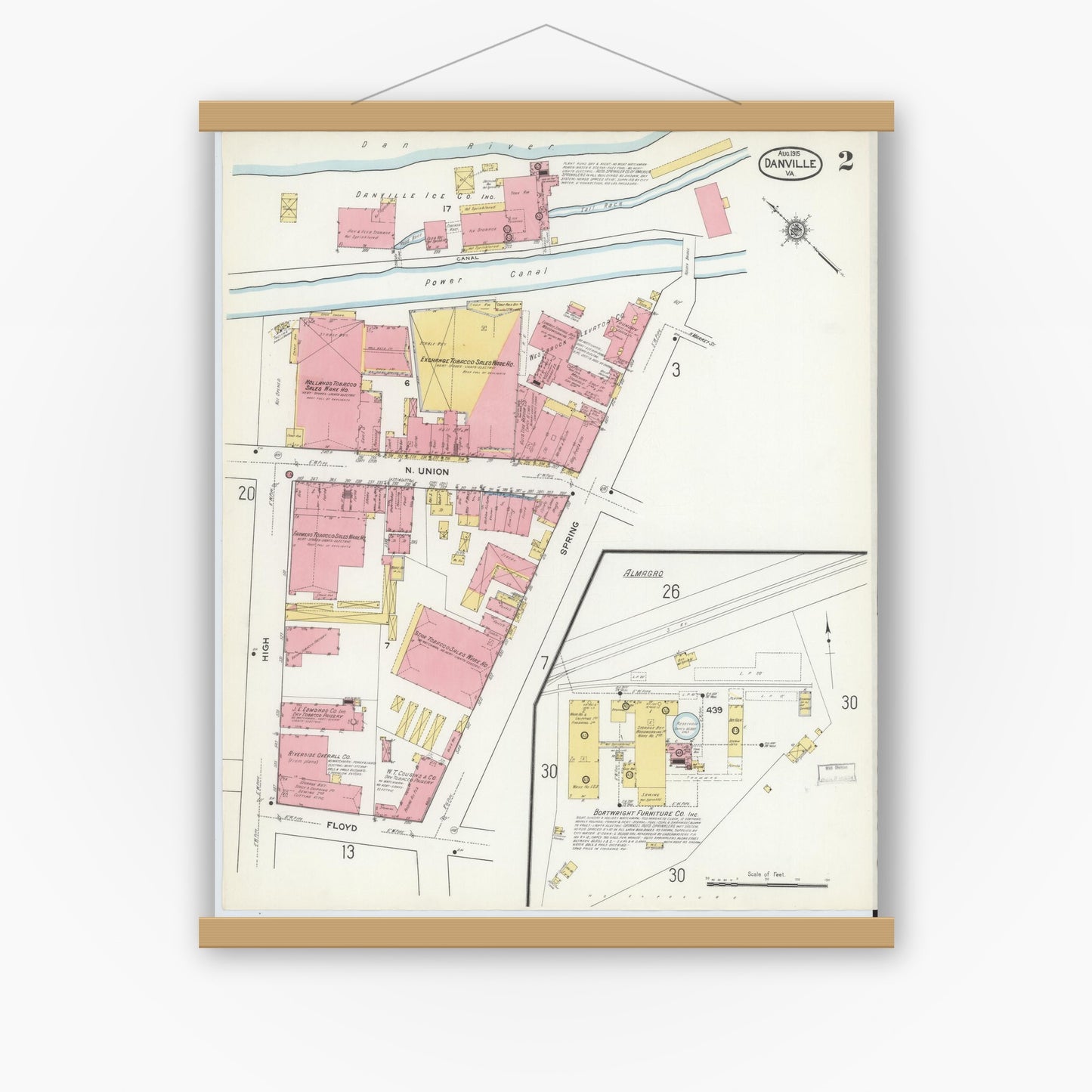 Old map wall art mockup — magnetic wood frame on white wall — Sanborn Fire Insurance Map from Danville, Independent Cities, Virginia (1915), Sheet #0002