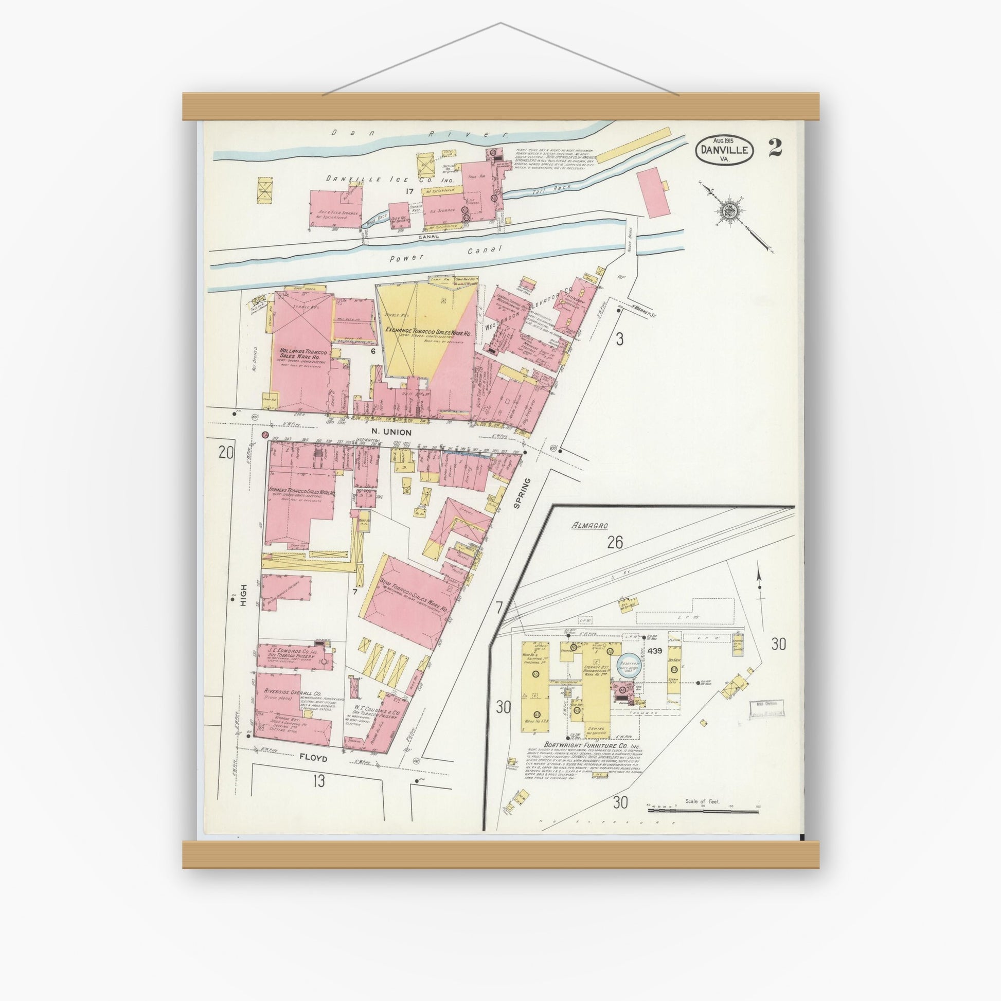 Old map wall art mockup — magnetic wood frame on white wall — Sanborn Fire Insurance Map from Danville, Independent Cities, Virginia (1915), Sheet #0002