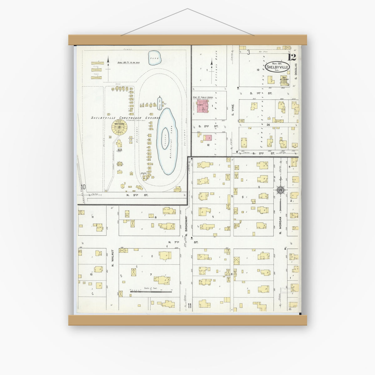 Old map wall art mockup — magnetic wood frame on white wall — Sanborn Fire Insurance Map from Shelbyville, Shelby County, Illinois (1911), Sheet #0012