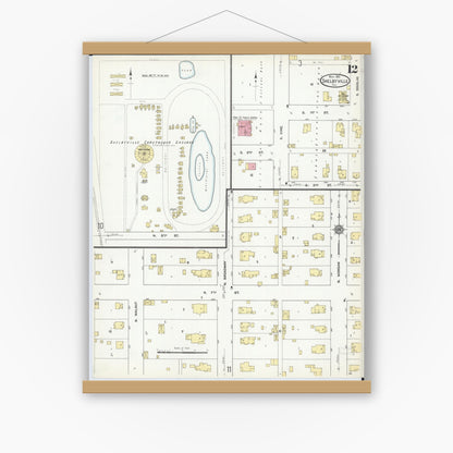 Old map wall art mockup — magnetic wood frame on white wall — Sanborn Fire Insurance Map from Shelbyville, Shelby County, Illinois (1911), Sheet #0012