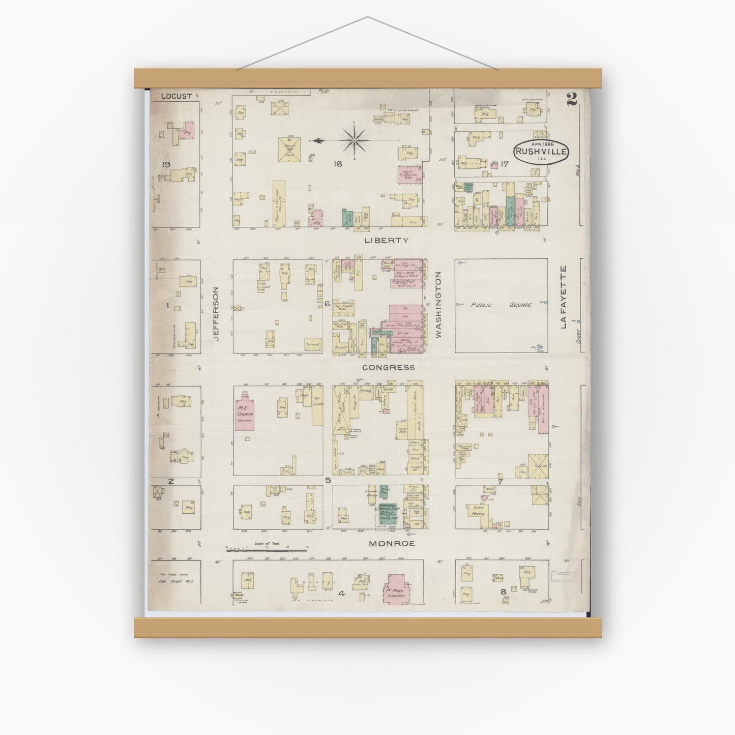 Old map wall art mockup — magnetic wood frame on white wall — Sanborn Fire Insurance Map from Rushville, Schuyler County, Illinois (1886), Sheet #0002