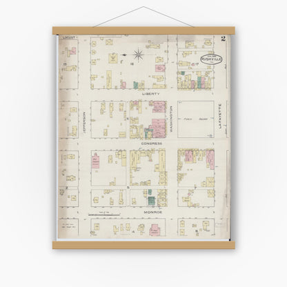 Old map wall art mockup — magnetic wood frame on white wall — Sanborn Fire Insurance Map from Rushville, Schuyler County, Illinois (1886), Sheet #0002