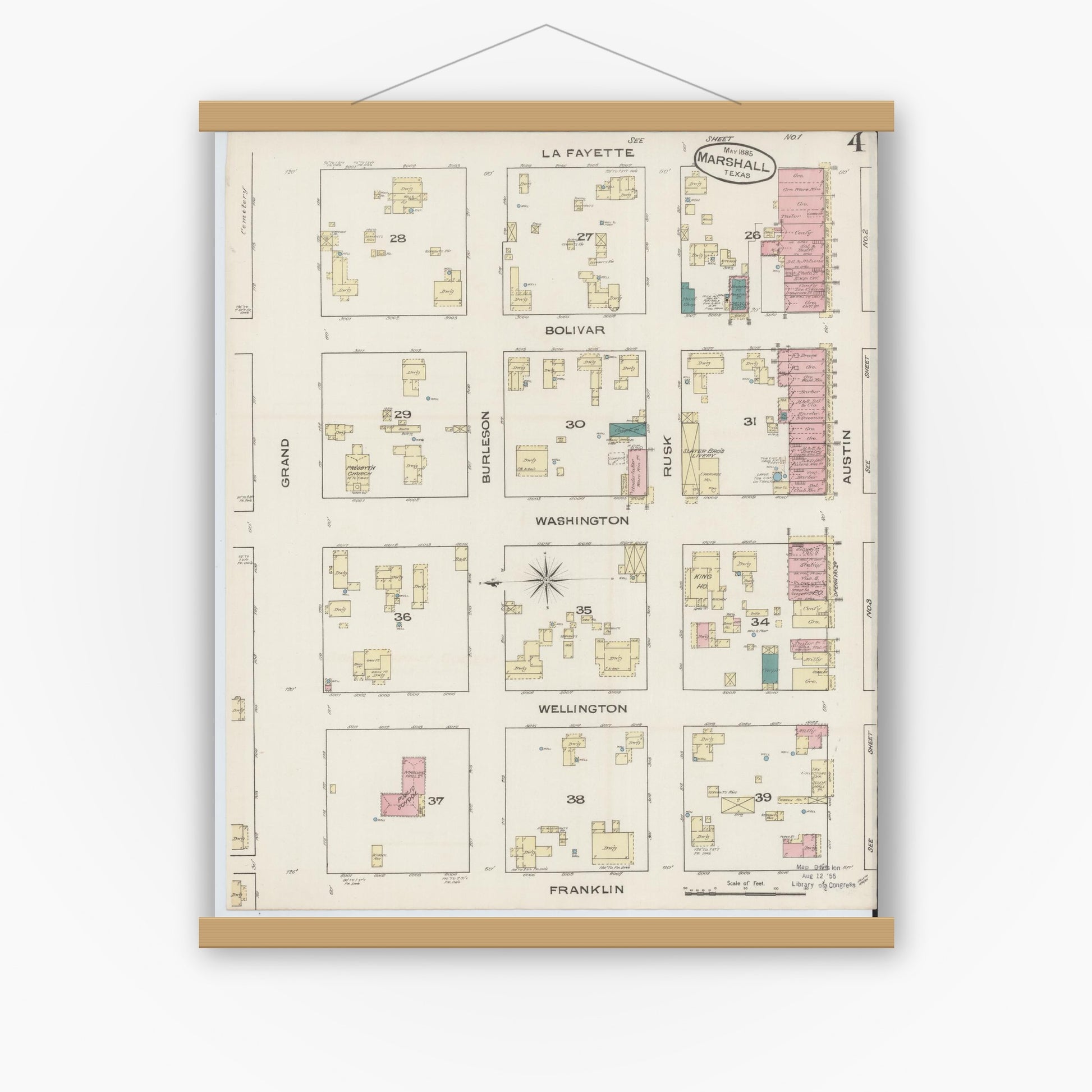 Old map wall art mockup — magnetic wood frame on white wall — Sanborn Fire Insurance Map from Marshall, Harrison County, Texas (1885), Sheet #0004