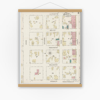 Old map wall art mockup — magnetic wood frame on white wall — Sanborn Fire Insurance Map from Marshall, Harrison County, Texas (1885), Sheet #0004