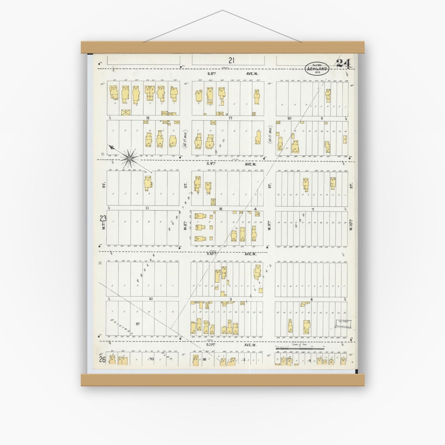 Old map wall art mockup — magnetic wood frame on white wall — Sanborn Fire Insurance Map from Ashland, Ashland County, Wisconsin (1901), Sheet #0024