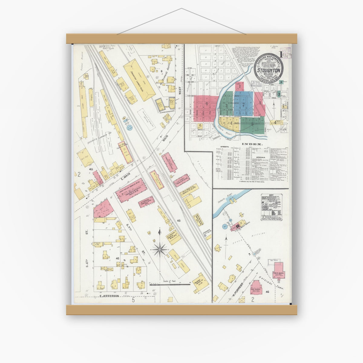 Old map wall art mockup — magnetic wood frame on white wall — Sanborn Fire Insurance Map from Stoughton, Dane County, Wisconsin (1904) - Complete Map Set
