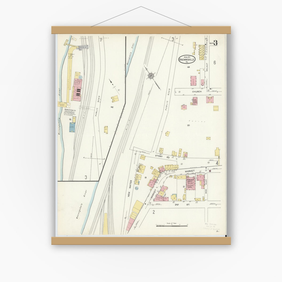 Old map wall art mockup — magnetic wood frame on white wall — Sanborn Fire Insurance Map from Brownsville, Fayette County, Pennsylvania (1913), Sheet #0003